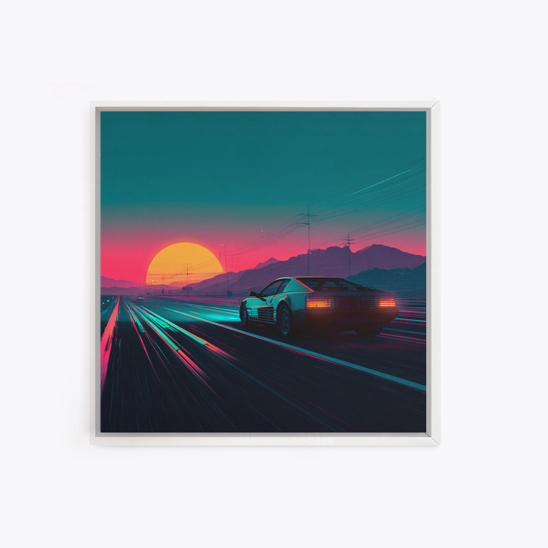 Retro Sports Car At Neon Sunset Highway Canvas Print, Vaporwave Wall Art, Cyberpunk Room Decor, Futuristic Landscape Poster