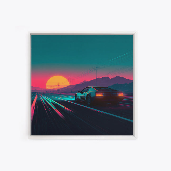 Retro Sports Car At Neon Sunset Highway Canvas Print, Vaporwave Wall Art, Cyberpunk Room Decor, Futuristic Landscape Poster