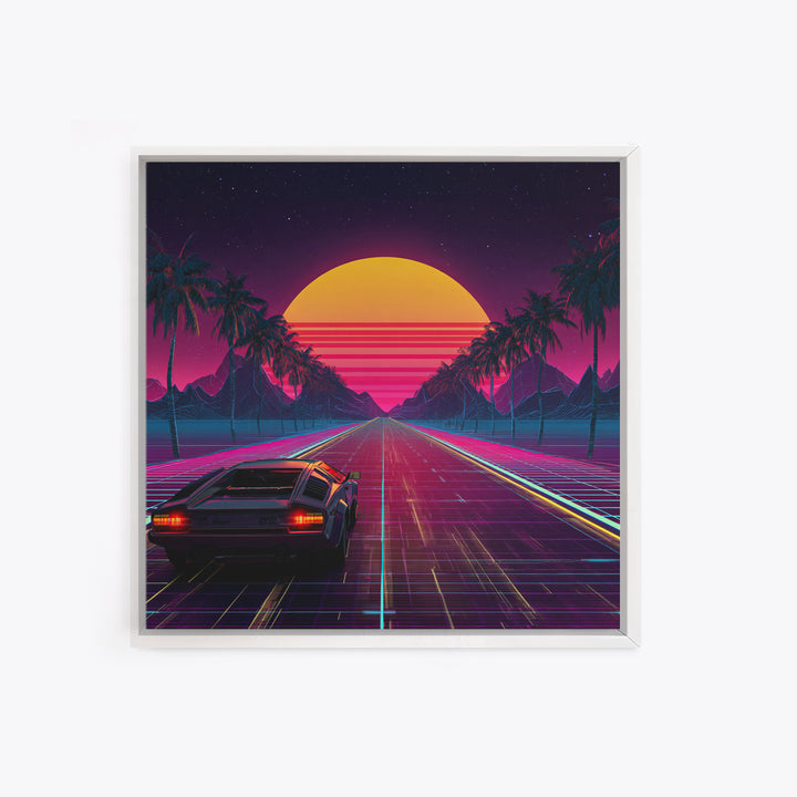 Retro Synthwave Car Driving Into Neon Sunset Wall Art, 80s Vaporwave Palm Road Aesthetic Canvas Print