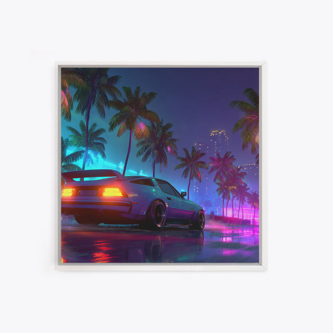 Neon Sports Car Palm Tree Night Wall Art, Retro Coastal City Canvas Print, Cyberpunk Beach Aesthetic Room Decor