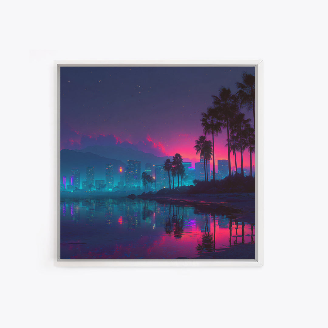 Neon City Beach Sunset Canvas Print, Retro Futuristic Coastal Wall Art, Vaporwave Room Decor Modern Living Room Wall Art