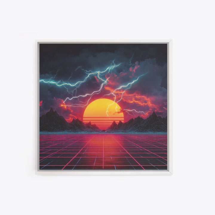 Retro Futuristic Sunset Lightning Landscape Wall Art Neon Grid Sci Fi Canvas Print Gaming Room Decor