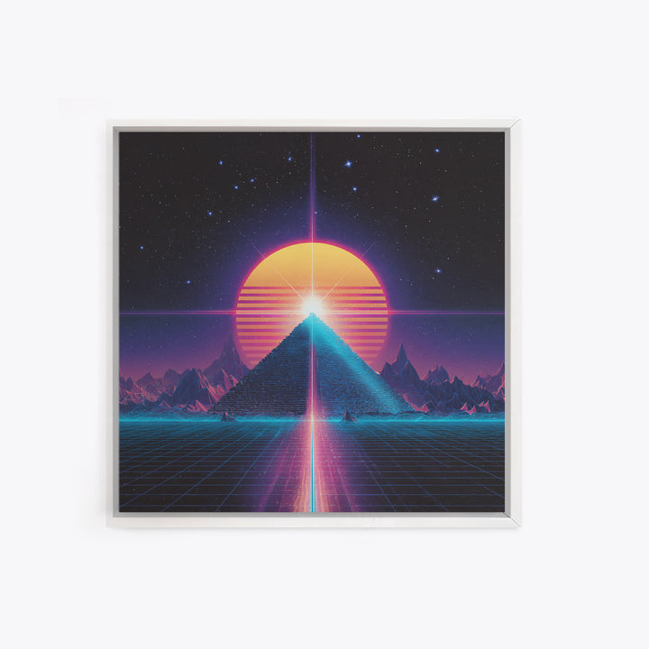 Retro Synthwave Pyramid And Sun Wall Art, Neon 80s Sci Fi Landscape, Vaporwave Gaming Room Decor, Framed Canvas Print