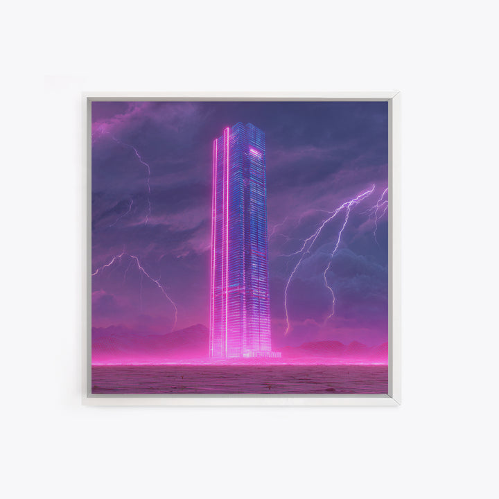 Neon Skyscraper In Storm Futuristic Wall Art, Cyberpunk Cityscape Painting, Sci Fi Modern Art Print, Gaming Room Canvas Print