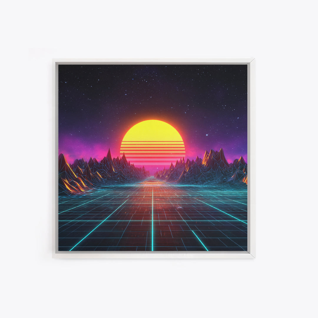 Retro Synthwave Sunset Landscape Canvas Print, Neon Cyberpunk Mountain Road Art, Gaming Room Decor Modern Wall Art