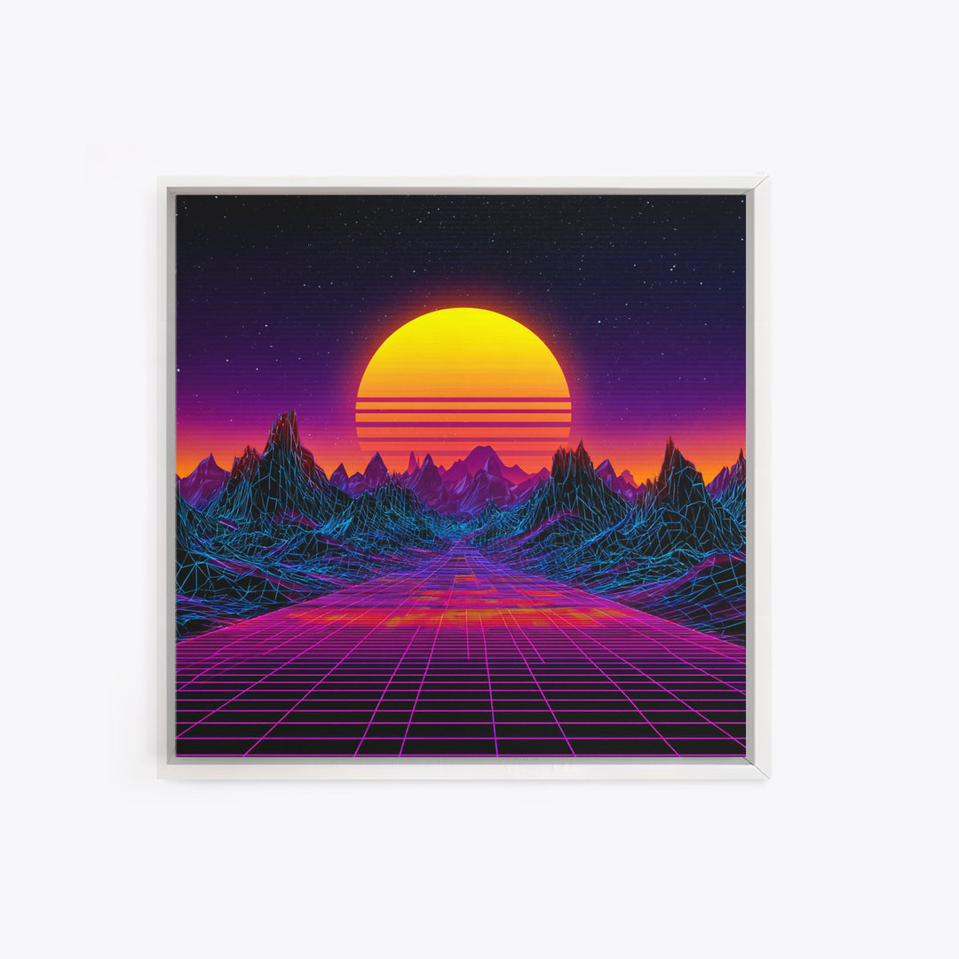 Retro Futuristic Neon Sunset Landscape Wall Art, Synthwave Mountains, 80s Vaporwave Canvas Print Home Decor