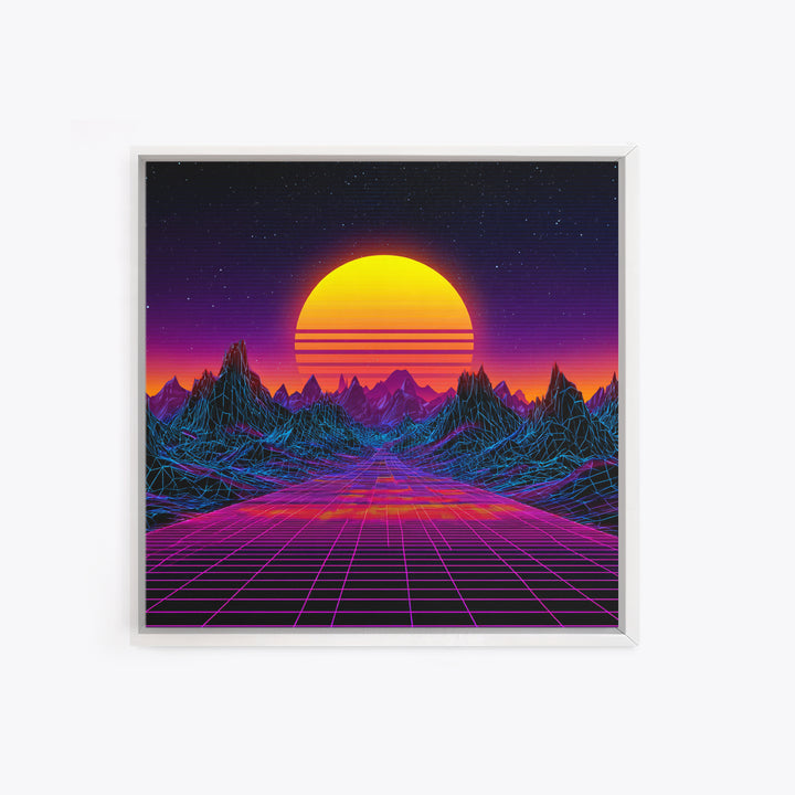 Retro Futuristic Neon Sunset Landscape Wall Art, Synthwave Mountains, 80s Vaporwave Canvas Print Home Decor
