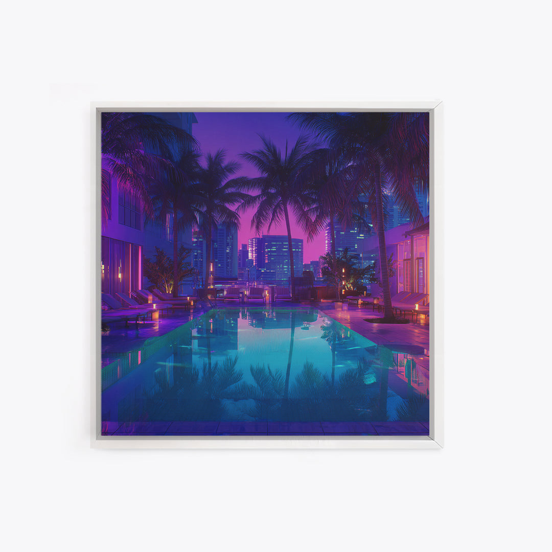 Neon City Rooftop Pool Nightscape Wall Art, Tropical Palm Skyline Print, Modern Urban Apartment Decor Wall Art