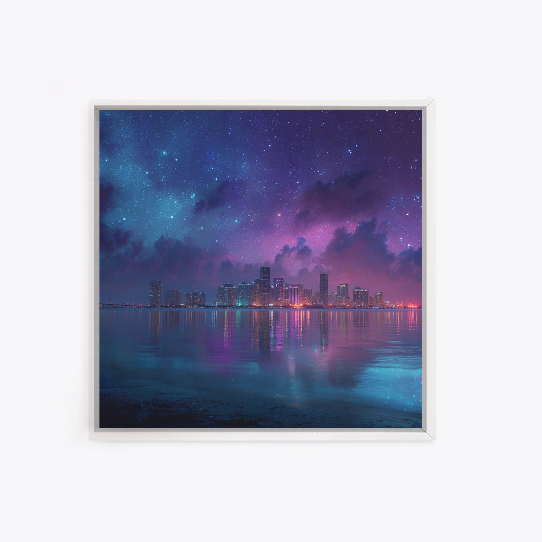 Neon City Skyline Under Starry Night Wall Art, Futuristic Coastal Canvas Print, Modern Apartment Decor