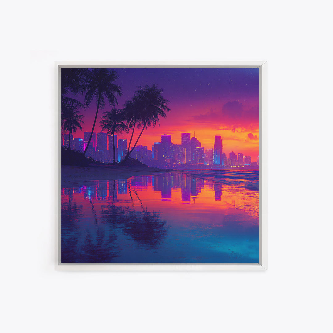 Neon Tropical City Sunset Beach Wall Art, Vibrant Coastal Canvas Print For Modern Living Room Decor And Dorm Aesthetic
