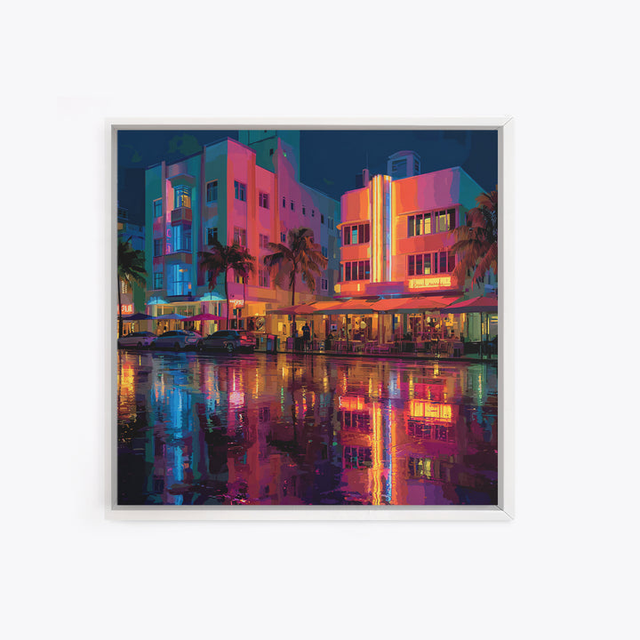 Modern Neon Cityscape At Sunset Urban Wall Art Framed Canvas Print For Contemporary Home Office Decor Gift