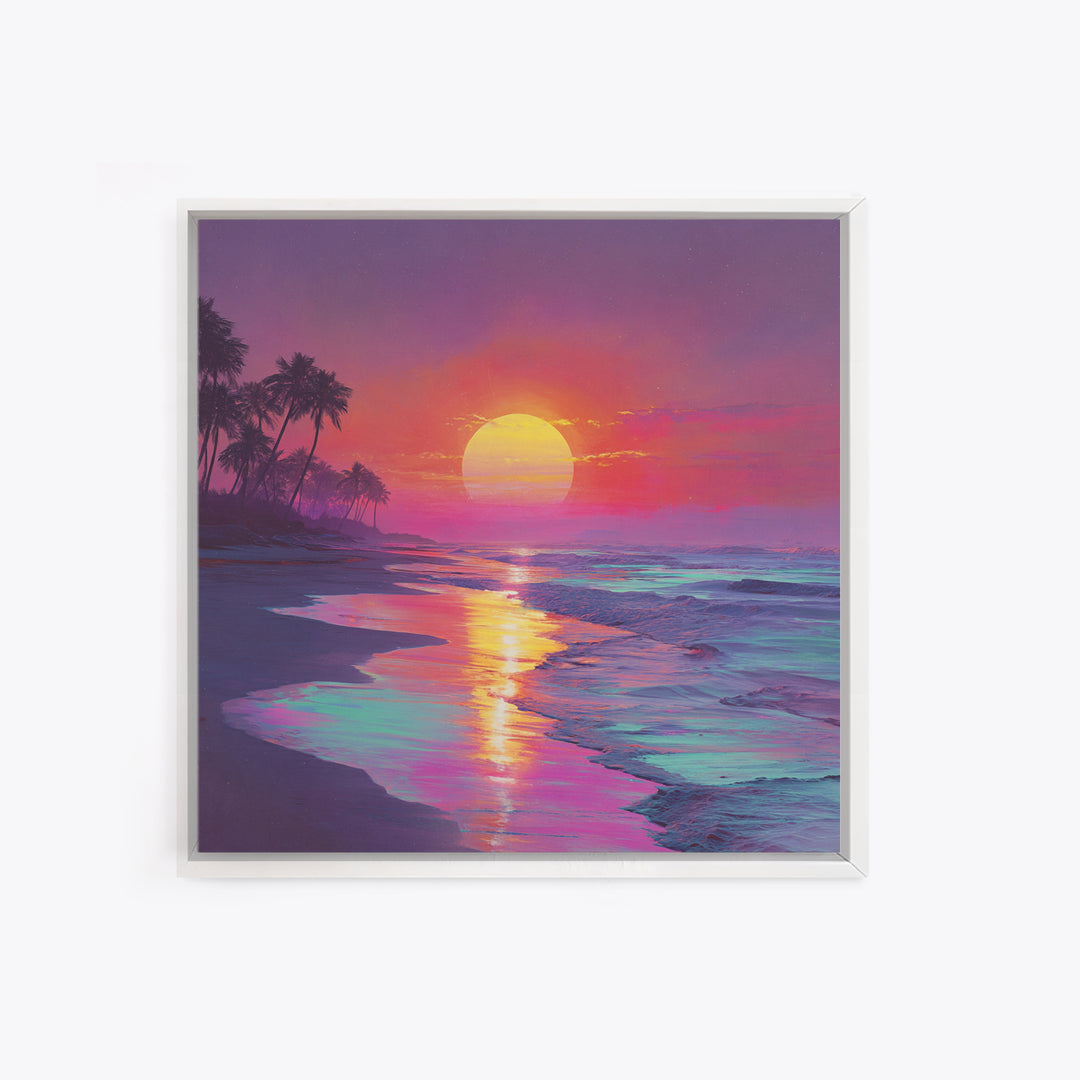 Neon Sunset Beach With Palm Trees Wall Art, Vibrant Coastal Ocean Art Print, Modern Home Decor Living Room Wall Art