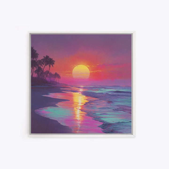 Neon Sunset Beach With Palm Trees Wall Art, Vibrant Coastal Ocean Art Print, Modern Home Decor Living Room Wall Art
