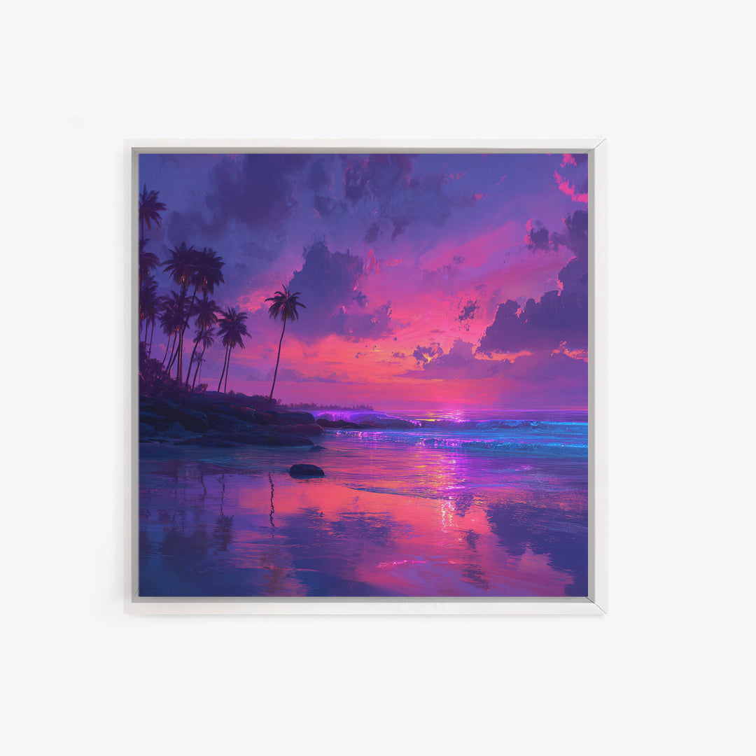 Vibrant Pink And Purple Tropical Seascape Wall Art, Palm Tree Sunset Ocean Landscape Canvas Print Decor