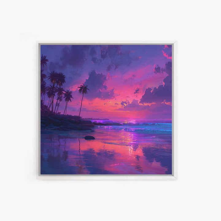 Vibrant Pink And Purple Tropical Seascape Wall Art, Palm Tree Sunset Ocean Landscape Canvas Print Decor