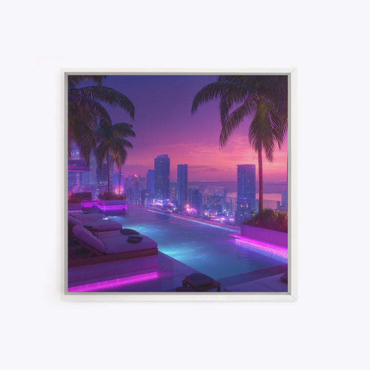 Neon City Rooftop Pool At Dusk Wall Art, Futuristic Skyline Canvas Print For Modern Apartment Decor And Gaming Room