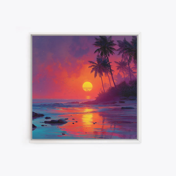 Vibrant Tropical Sunset Beach Wall Art, Colorful Palm Tree Ocean Canvas Print, Coastal Decor, Relaxing Summer Seascape