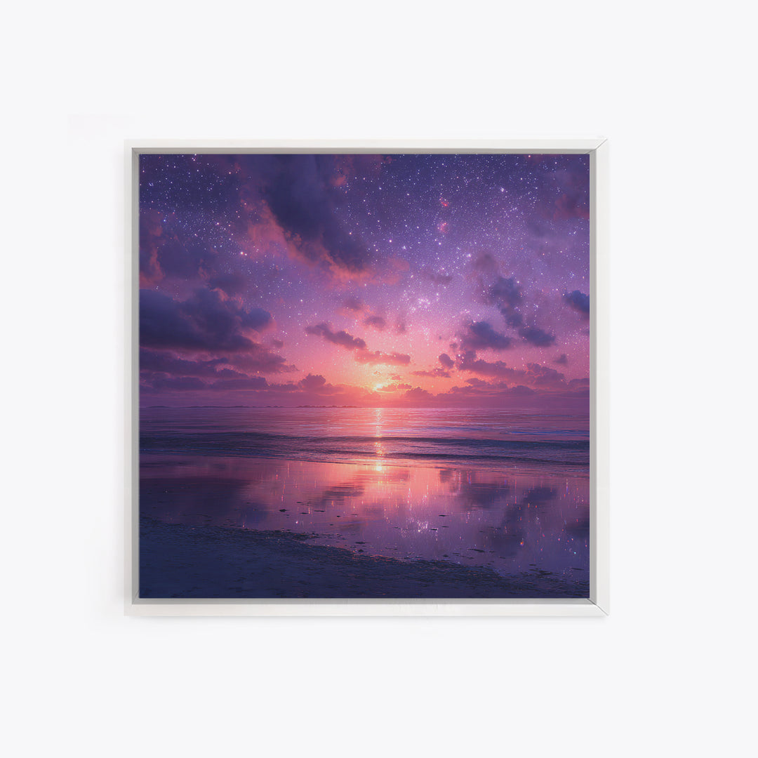 Dreamy Starlit Ocean Sunset Wall Art, Purple Night Sky Seascape Canvas Print, Calming Coastal Decor, Bedroom Artwork