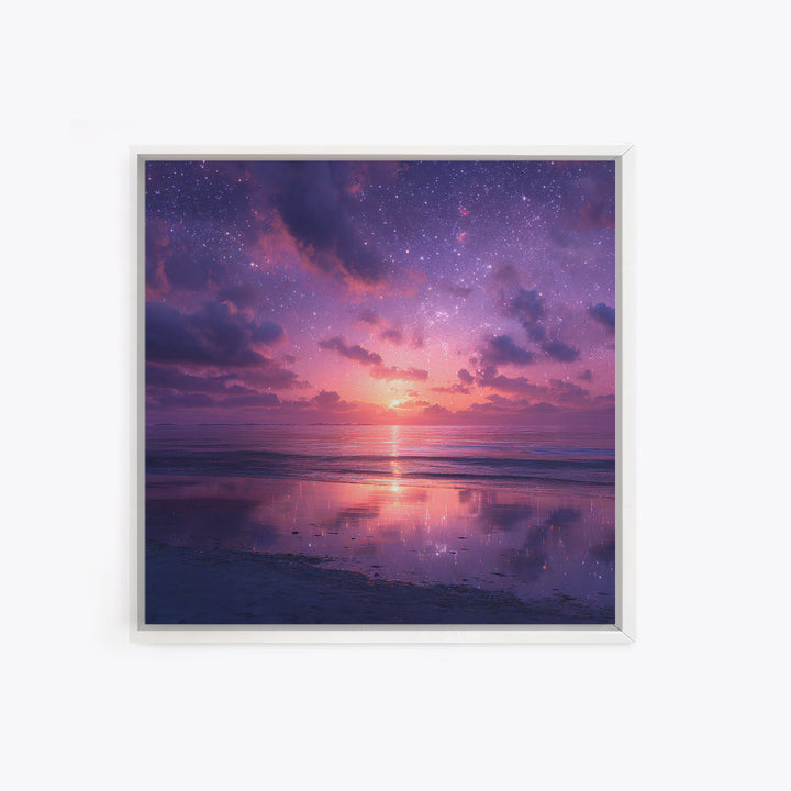 Dreamy Starlit Ocean Sunset Wall Art, Purple Night Sky Seascape Canvas Print, Calming Coastal Decor, Bedroom Artwork
