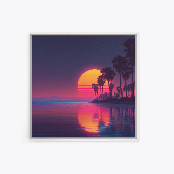 Neon Palm Tree Sunset Over Tropical Beach Wall Art, Retro Coastal Home Decor, Modern Landscape Art Print, Living Room Decor