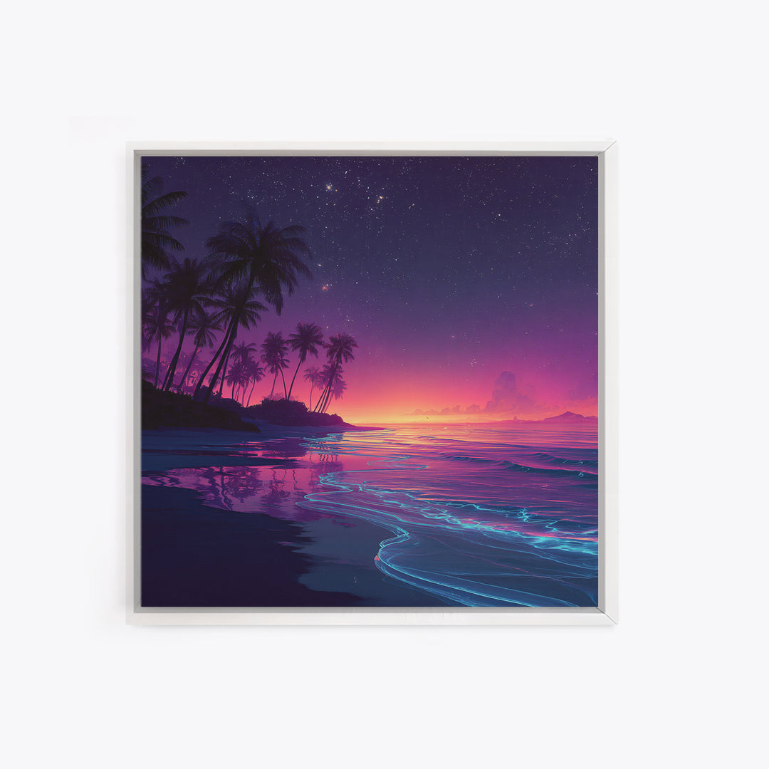 Neon Night Beach With Palm Trees Canvas Print, Dreamy Coastal Ocean Wall Art, Retro Tropical Bedroom And Living Room Decor