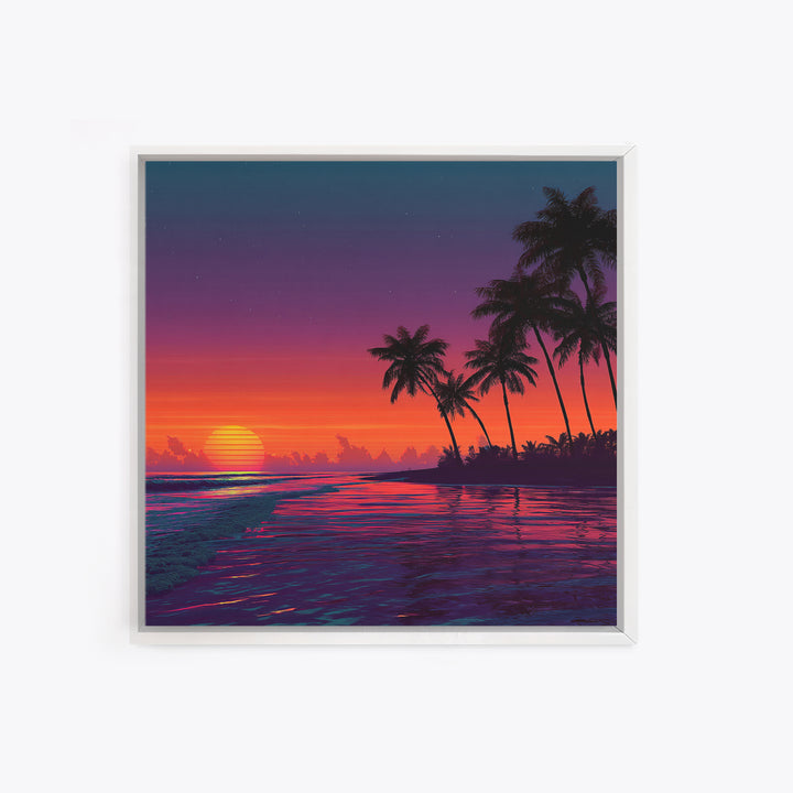 Neon Tropical Sunset Beach With Palm Trees Canvas Print, Coastal Wall Art, Colorful Ocean Art, Modern Home Decor Living Room