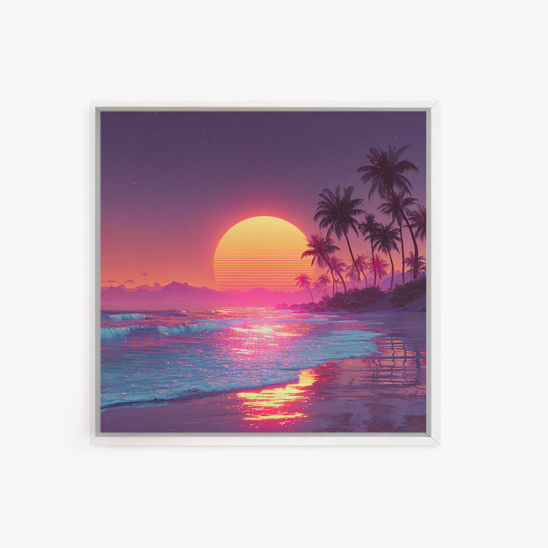 Pink Neon Beach Sunset Wall Art, Dreamy Vaporwave Ocean Canvas Print, Retro Coastal Landscape Art For Bedroom Or Living Room Decor