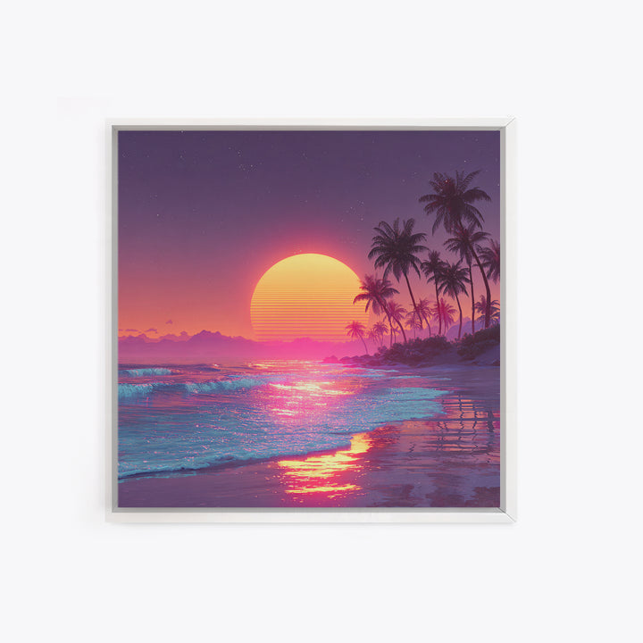 Pink Neon Beach Sunset Wall Art, Dreamy Vaporwave Ocean Canvas Print, Retro Coastal Landscape Art For Bedroom Or Living Room Decor