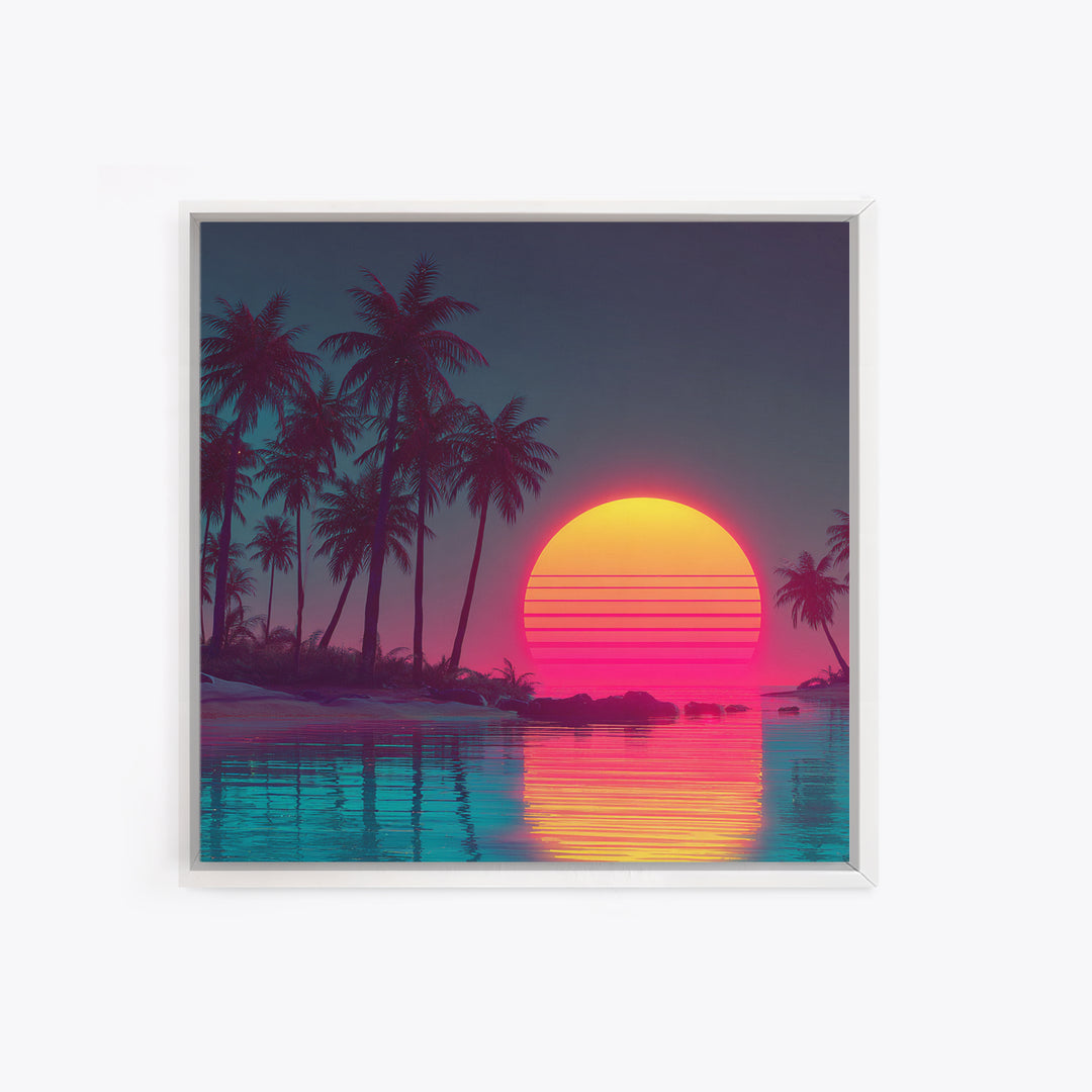 Neon Tropical Palm Trees And Retro Sunset Beach Wall Art, Vaporwave Coastal Canvas Print, Aesthetic Room Decor