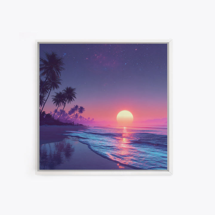 Tropical Neon Sunset Beach Wall Art, Palm Tree Coastal Landscape Print, Colorful Summer Home Decor Canvas Print
