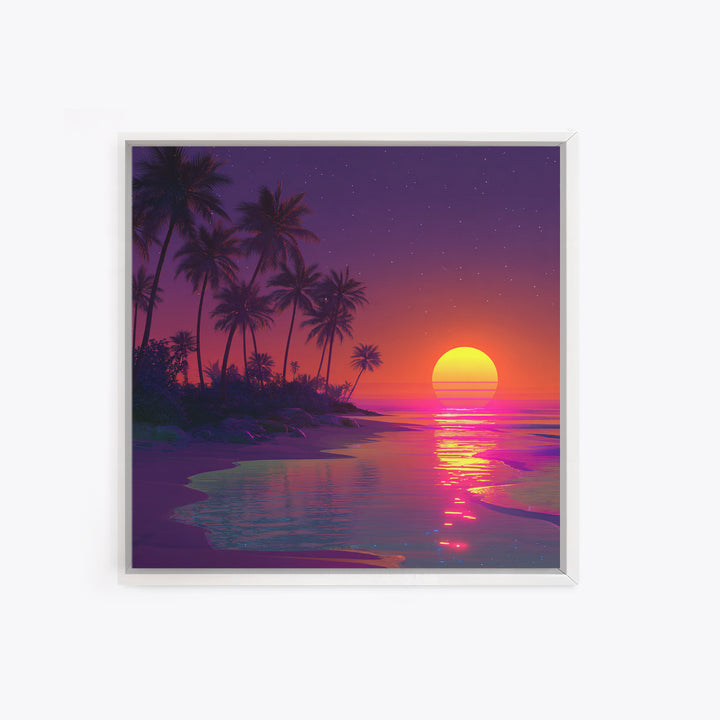 Neon Tropical Sunset Beach Wall Art, Retro Coastal Canvas Print, Summer Ocean Decor, Vibrant Modern Coastal Wall Art