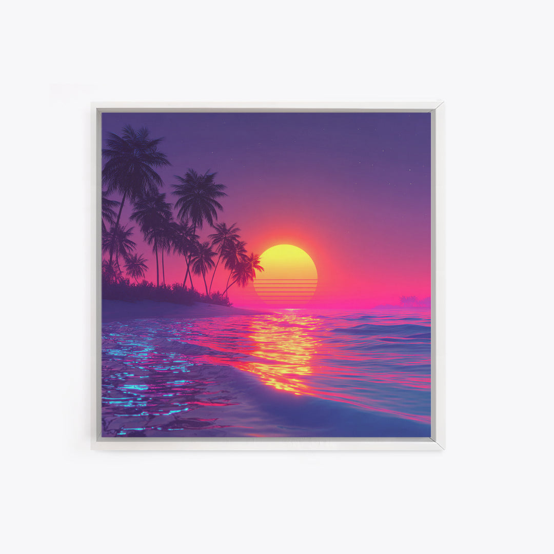 Neon Pink Beach Sunset Wall Art, Tropical Palm Tree Ocean Horizon Canvas Print, Coastal Summer Decor, Vibrant Seascape