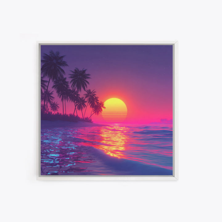 Neon Pink Beach Sunset Wall Art, Tropical Palm Tree Ocean Horizon Canvas Print, Coastal Summer Decor, Vibrant Seascape