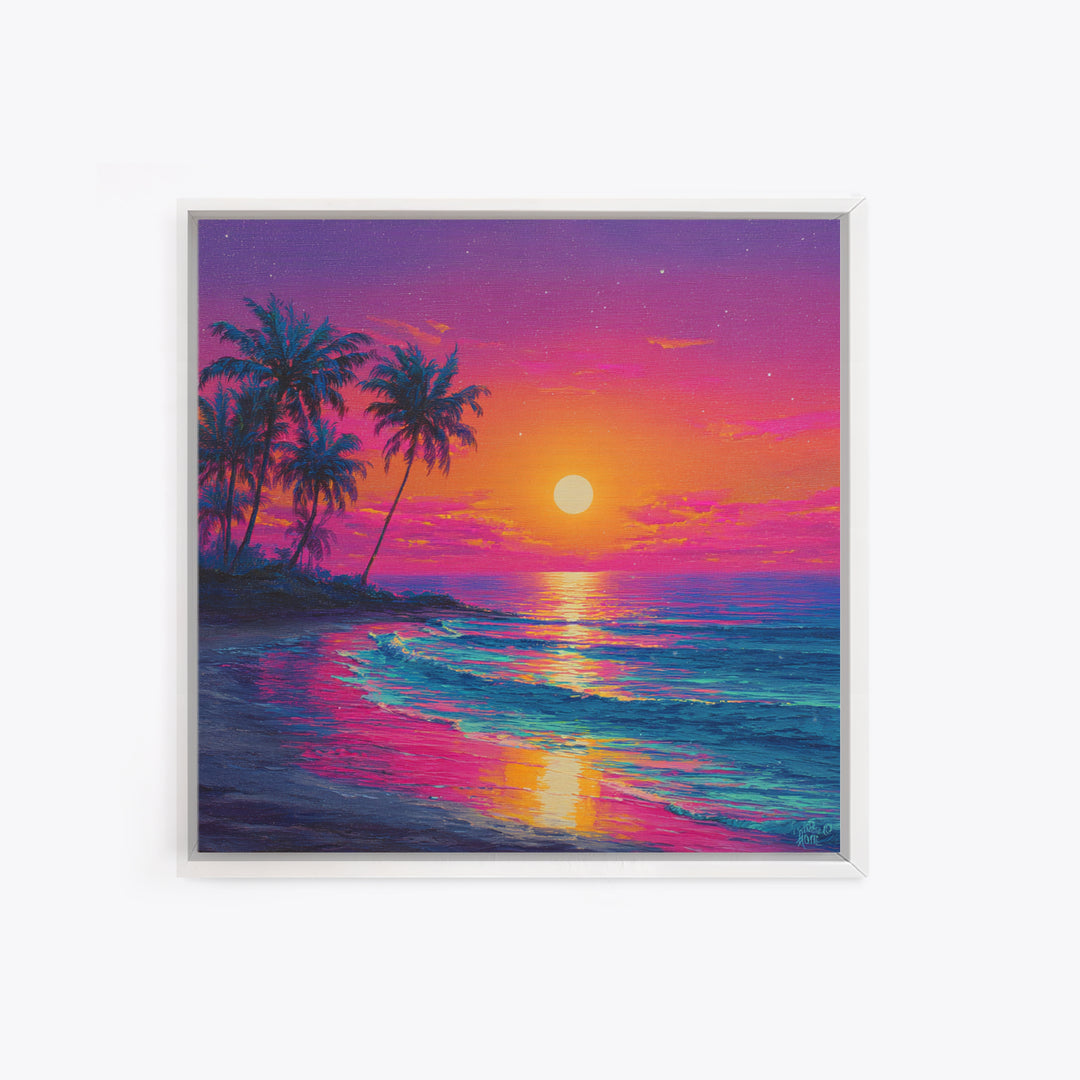 Vibrant Moonrise Beach Canvas Print, Colorful Tropical Ocean Wall Art, Coastal Sunset Painting For Bedroom Or Beach House