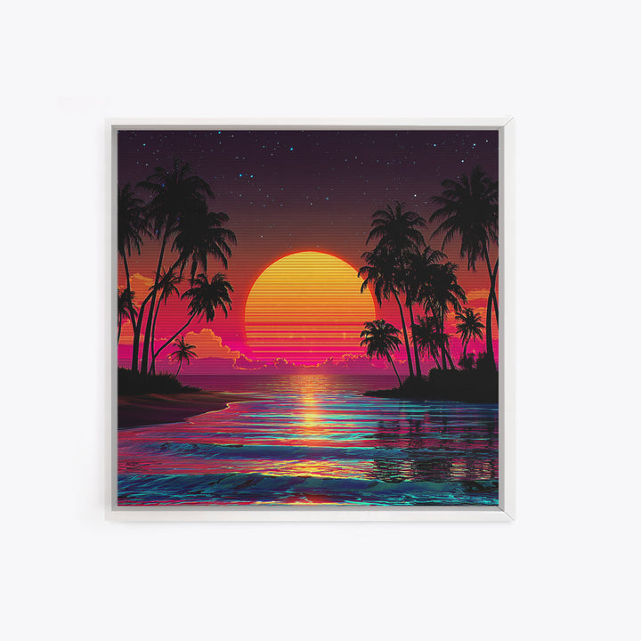 Neon Tropical Sunset Beach With Palm Trees Wall Art, Retro Coastal Print, Vibrant Summer Home Decor, Modern Canvas Print