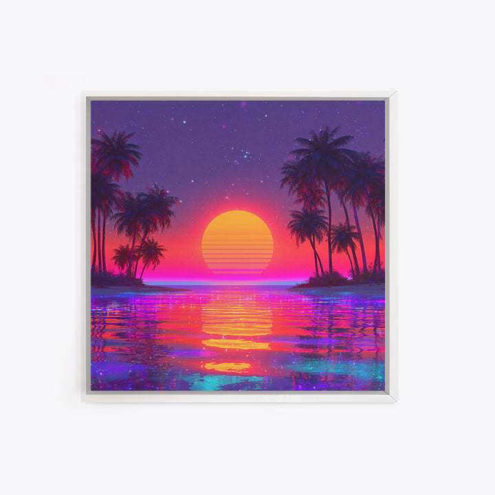 Vibrant Neon Tropical Sunset Beach Wall Art, Retro Wave Palm Landscape Canvas Print, Colorful Coastal Room Decor