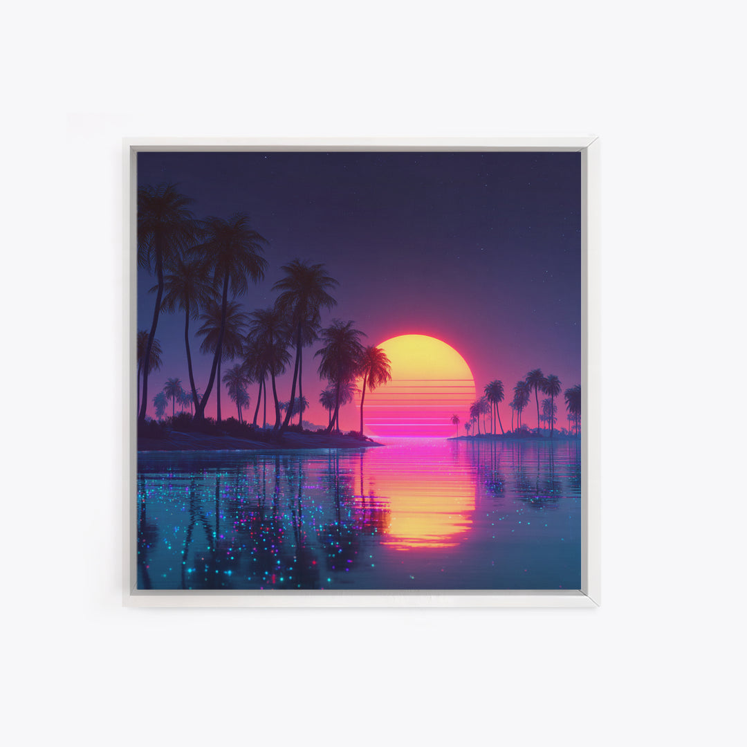 Sparkling Lagoon Neon Sunset With Palm Trees Wall Art, Retro Tropical Home Decor, Colorful Coastal Canvas Print