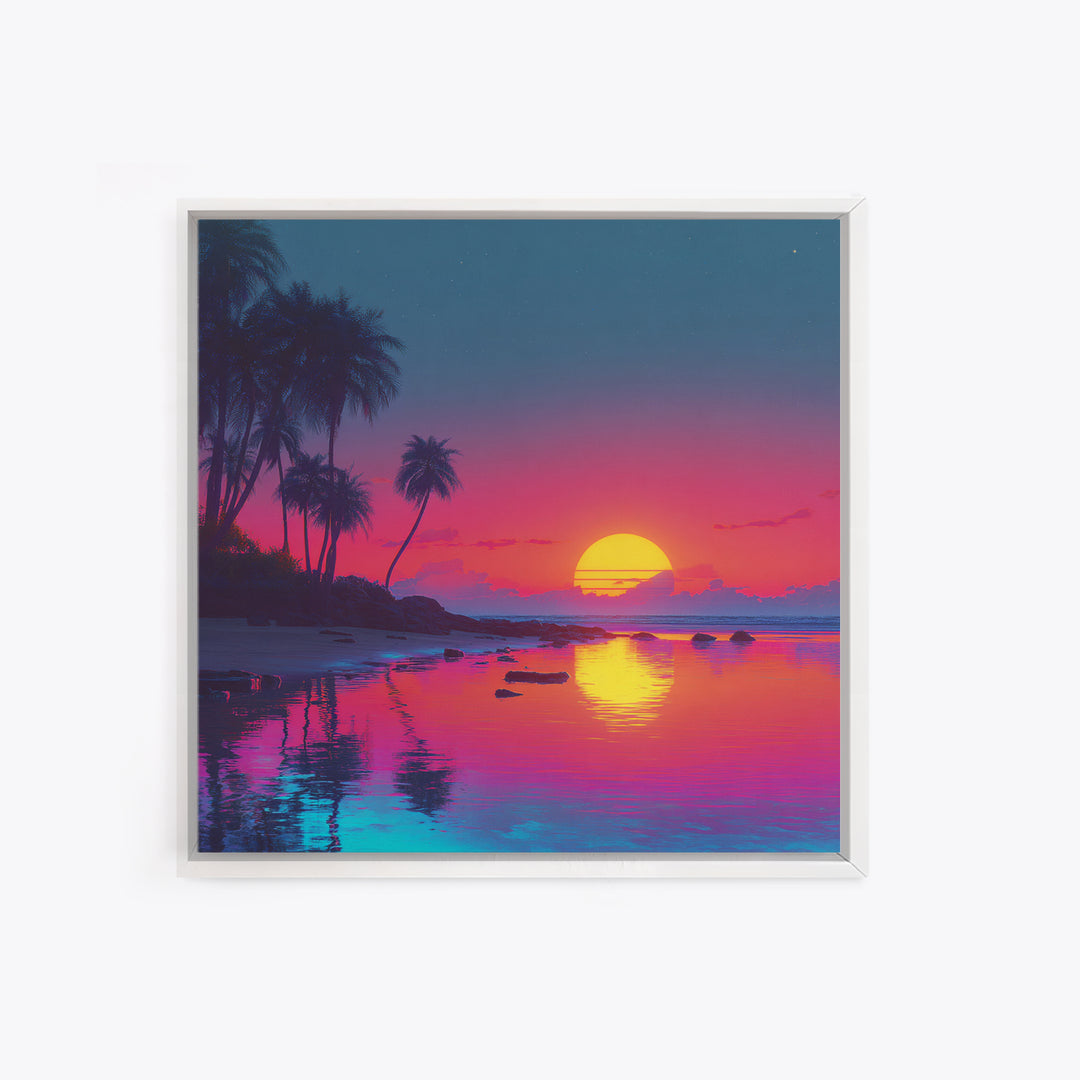 Neon Tropical Sunset Beach Wall Art, Vibrant Coastal Landscape Art Print, Modern Coastal Decor Canvas Print For Living Room