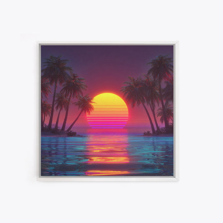 Vaporwave Tropical Sunset Beach Wall Art Canvas Print, Neon Coastal Landscape For Gaming Room And Modern Home Decor