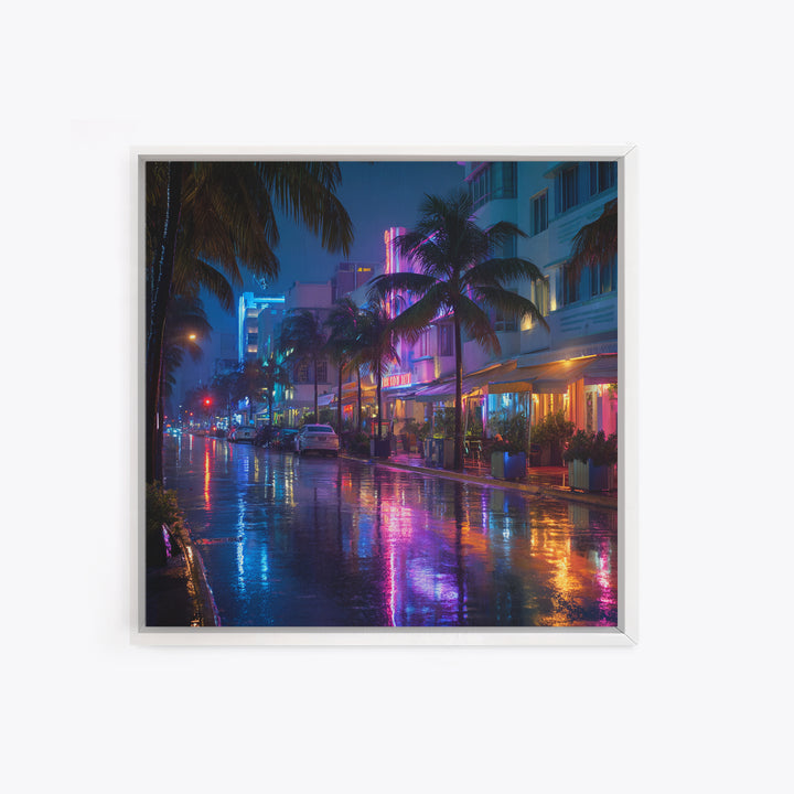 Neon Rainy City Street At Night Wall Art, Colorful Modern Urban Photography Print, Living Room Decor, Large Canvas Print