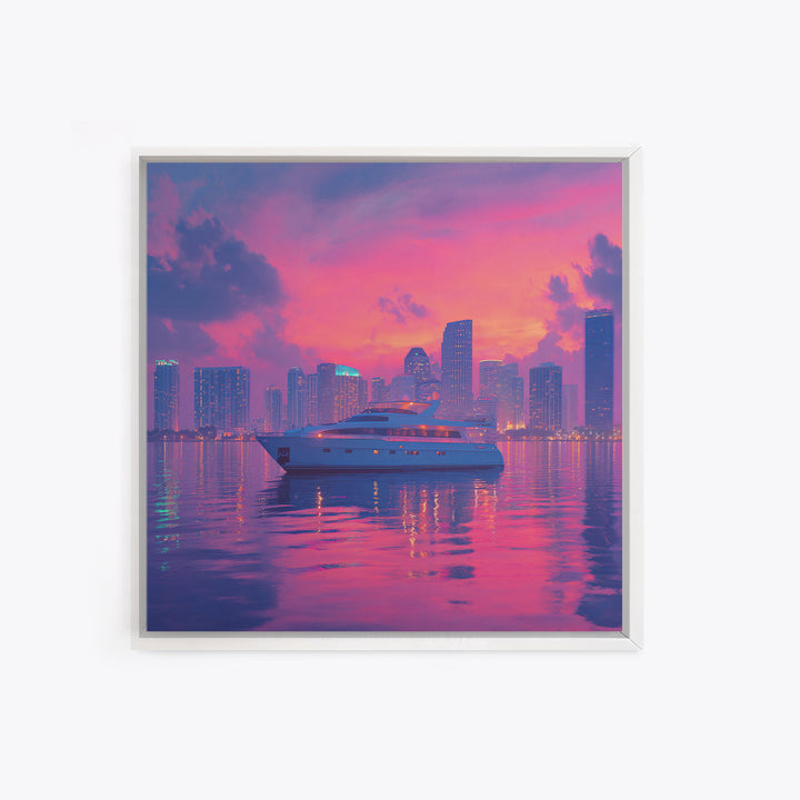 Luxury Yacht City Skyline At Sunset Wall Art, Modern Coastal Cityscape Canvas Print, Pink Sky Nautical Decor For Office Or Living Room