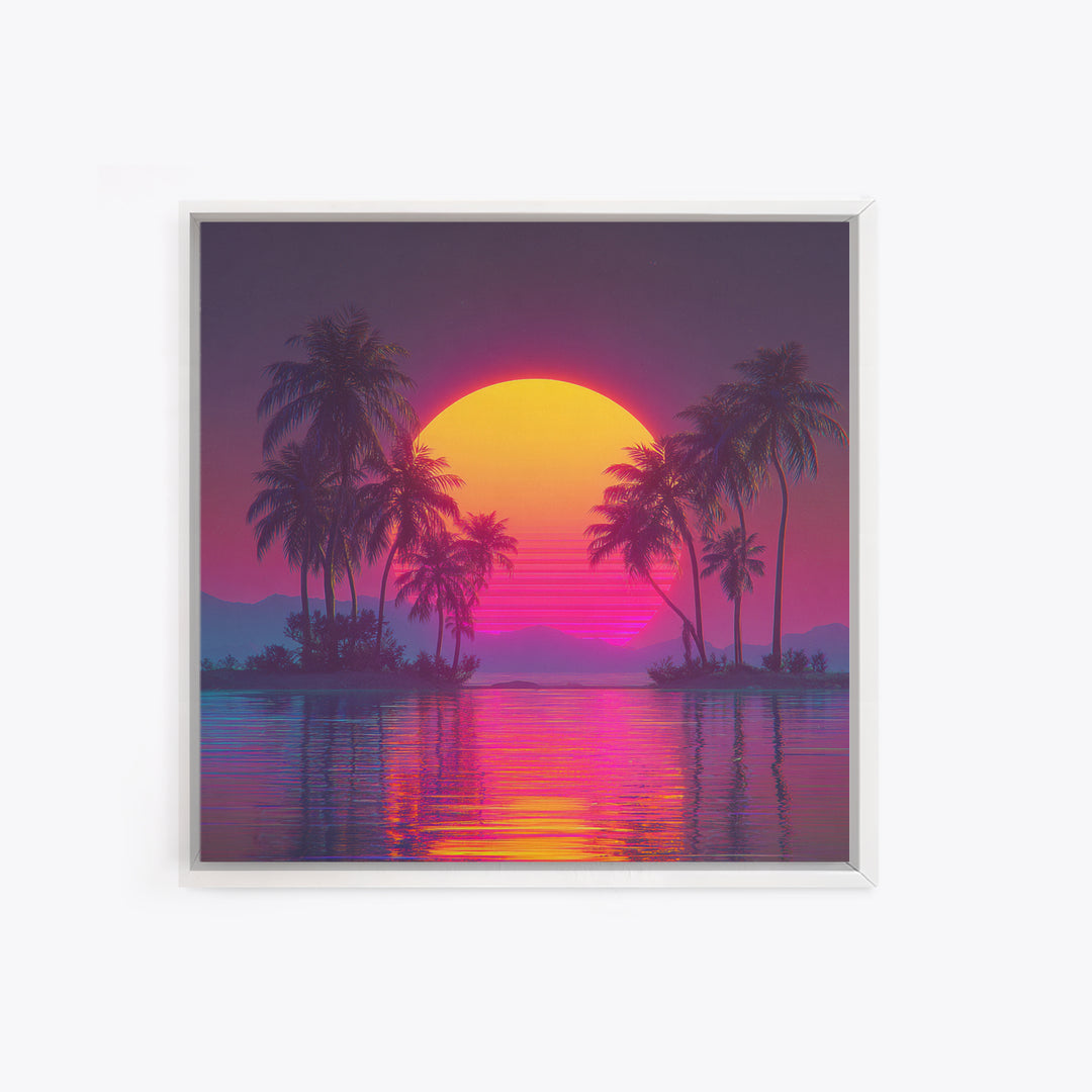 Neon Tropical Island Sunset Wall Art, Retro Synthwave Beach Landscape, Vibrant Coastal Decor, Modern Living Room Canvas Print