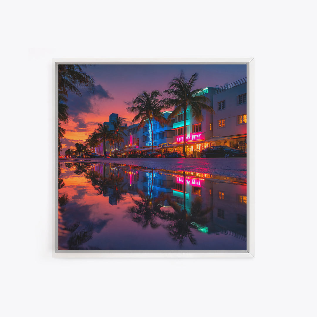 Miami Neon Night Cityscape Wall Art, Colorful South Beach Photography Print, Modern Urban Wall Decor Framed Canvas Print
