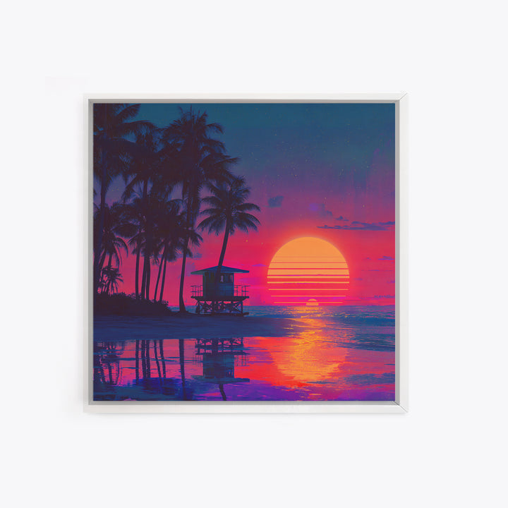 Tropical Neon Sunset Beach Canvas Print, Retro Coastal Wall Art, Palm Tree Ocean Decor Vibrant Living Room Wall Art