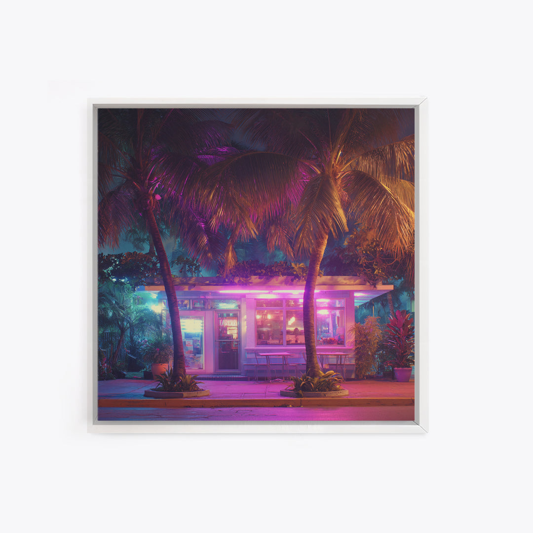 Neon Palm Tree Diner Night Scene Wall Art, Retro Tropical City Photography Canvas Print For Modern Urban Home Decor