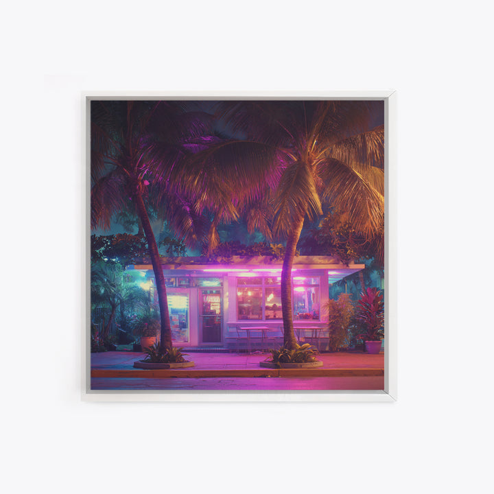 Neon Palm Tree Diner Night Scene Wall Art, Retro Tropical City Photography Canvas Print For Modern Urban Home Decor
