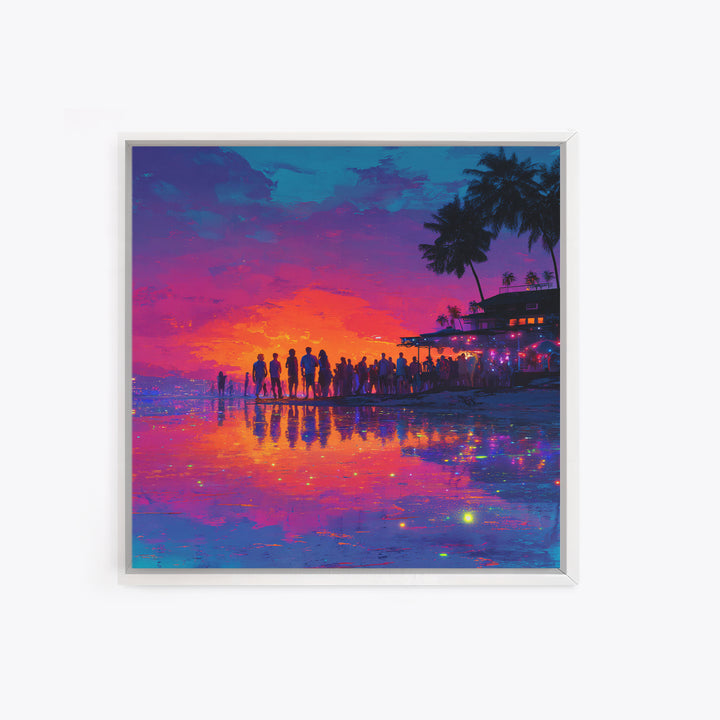 Neon Beach Sunset Party Wall Art, Colorful Coastal Canvas Print, Retro Futuristic Ocean Art, Summer Vibes Living Room Decor