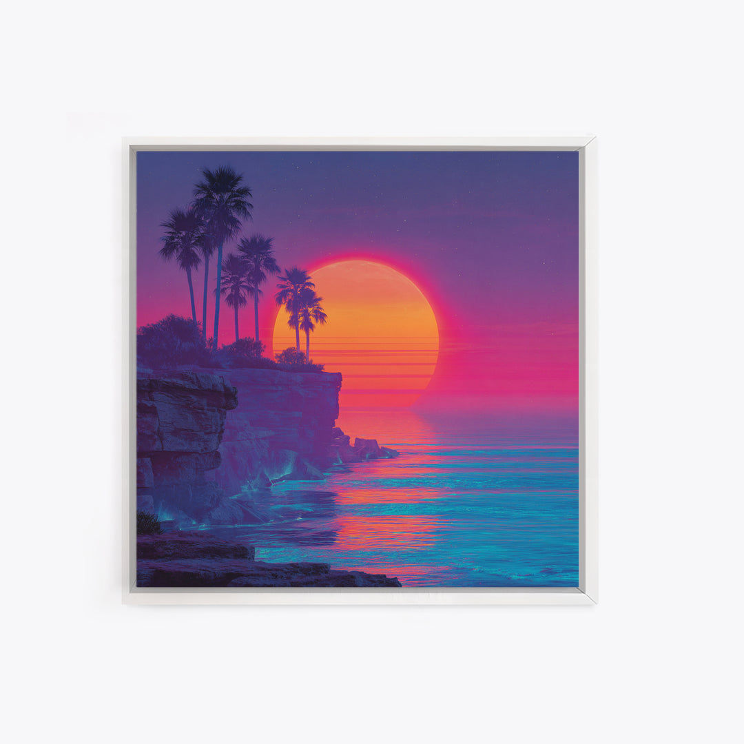 Neon Tropical Sunset Cliff Wall Art, Retro Coastal Ocean Canvas Print For Modern Coastal Decor And Vibrant Living Room