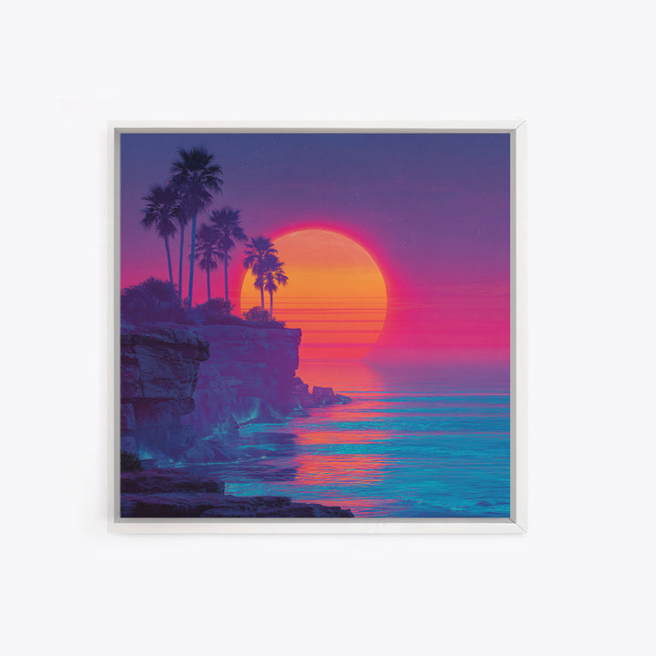 Neon Tropical Sunset Cliff Wall Art, Retro Coastal Ocean Canvas Print For Modern Coastal Decor And Vibrant Living Room