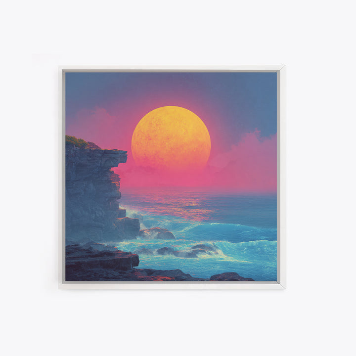 Surreal Neon Moon Over Ocean Cliff Painting Wall Art, Colorful Fantasy Seascape Print, Modern Coastal Abstract Decor
